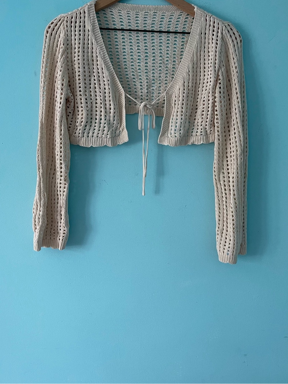 Vintage Open Knitted Tie-Front Shrug Crop Cardigan S Boho Gypsy Swim Coverup